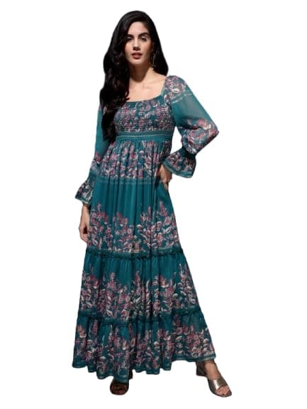 DRAPE AND DAZZLE Floral Print Long Sleeve Maxi Dress, Smocked Bodice, Bottle Green