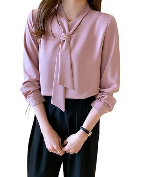 PINKHUB Elegant Women's Tie Neck Summer Long Sleeve V-Neck Chiffon Korean Style Plain Business Work Shirts Blouse Top