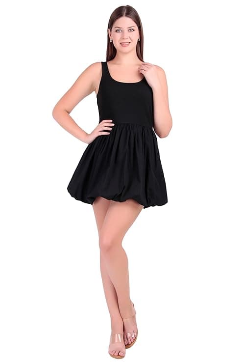 POSHWAVE Black Short Balloon Dress for Women