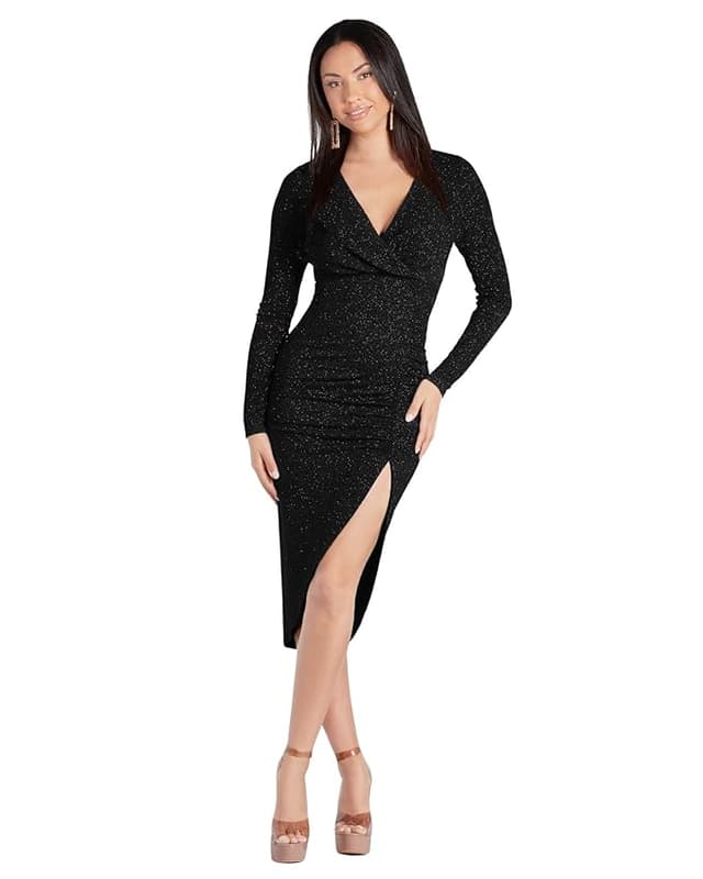 ADDYVERO V-Neck Long Sleeve Lurex Gliter Solid Front Slit Front Ruched Seam Bodycon Above Knee Length Women Dress