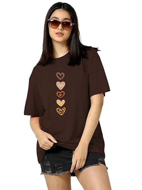 TQH Women's Casual Printed Round Neck, Oversized Longline Drop Shoulder Boho Style T-Shirt