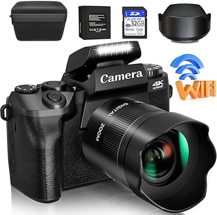 LEQTRONIQ Digital Camera, 4k Cameras for Photography & Video, 64MP WiFi Touch Screen Vlogging Camera for YouTube with Flash, 32GB SD Card, Lens Hood, 3000mAH Battery, Front and Rear Cameras - Black